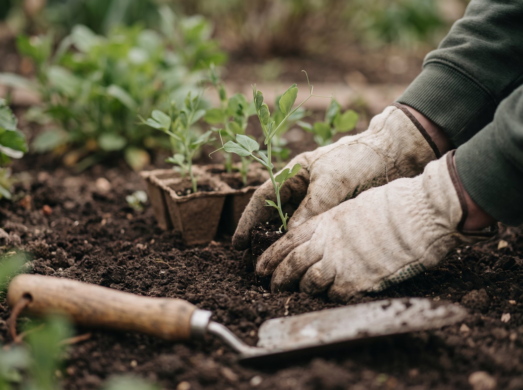 Hands planting sweet pea seedlings in dark garden soil in spring